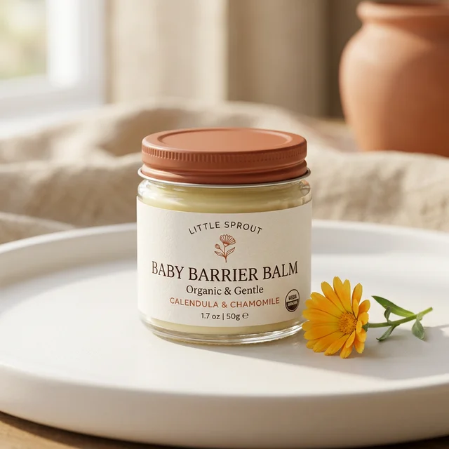 A small elegant jar of organic baby barrier balm with a minimalist label