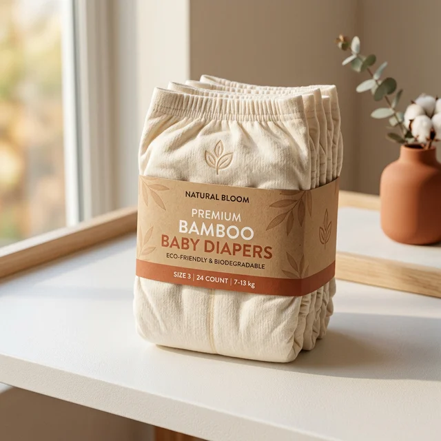A stack of premium eco-friendly bamboo baby diapers wrapped in minimalist sustainable packaging