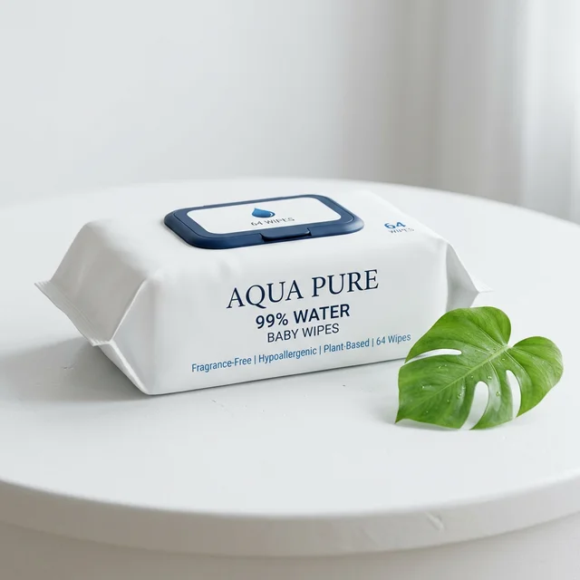 A pack of premium 99% water baby wipes in minimalist matte white packaging